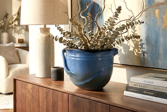 Blue and Dark Blue Sculpted Bowl with Handles